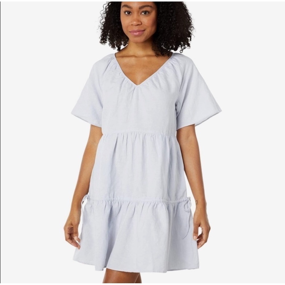 Madewell Linen Blend Lorelei Mini Dress Light Blue Tiered V-Neck L Large Coastal